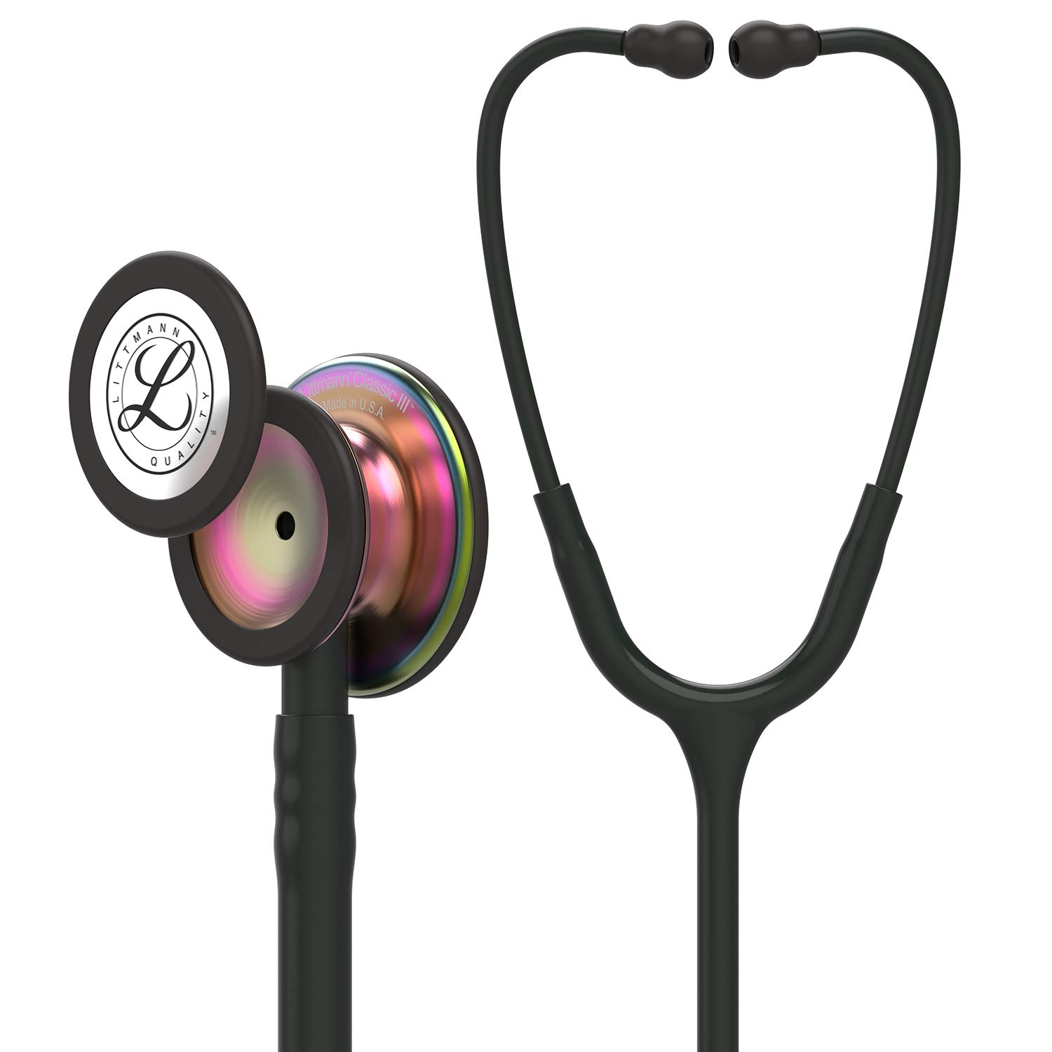 3M-Littmann-Classic-III-Monitoring-Stethoscope-Rainbow-Finish-Chestpiece-black-stem-and-headset-Black-Tube-5870-56XfS